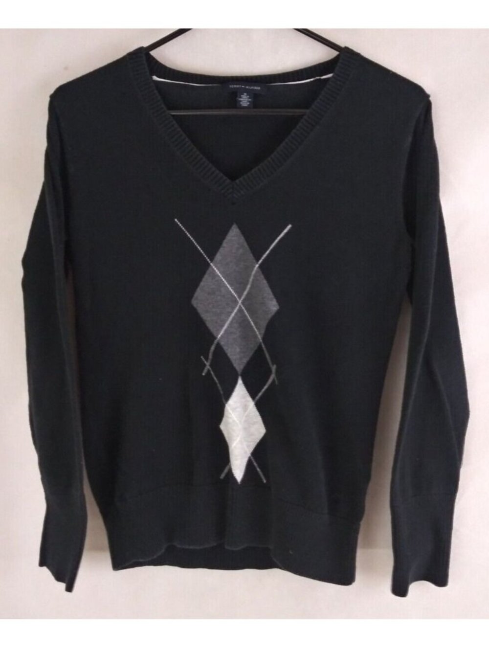 Tommy Hilfiger Men's Black Argyle V-Neck Sweater Size Medium 100% Cotton